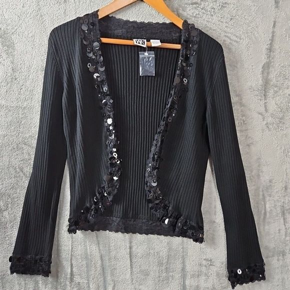 WR Women's Silk Blend Rib Black Cardigan Embellished Sz Lg NWOT - Picture 1 of 11